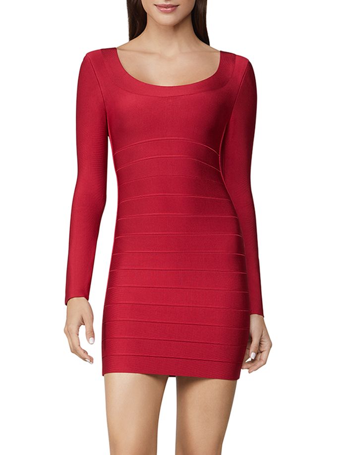 Shop Herve Leger Icon Long-sleeve Scoop Neck Dress In Rio Red