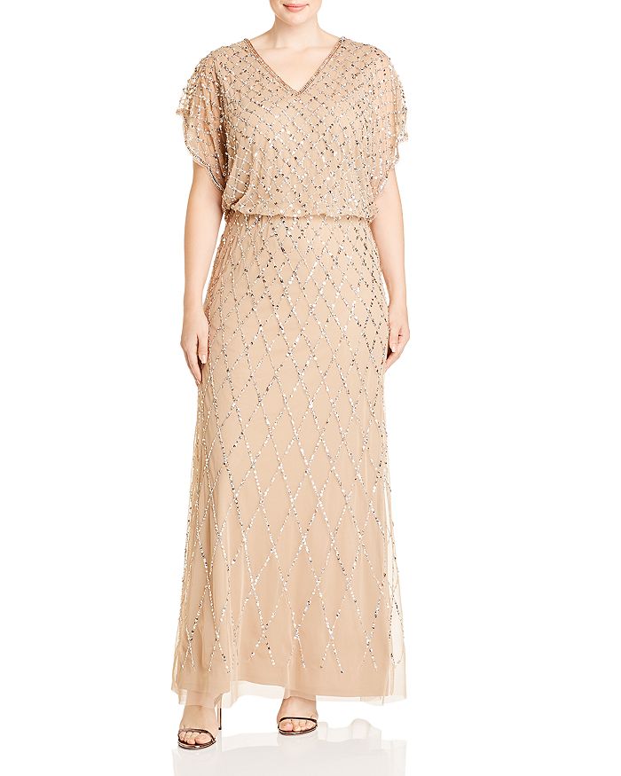 Adrianna Papell Plus Blouson Sequined Gown In Champagne/silver