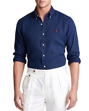 Polo Ralph Lauren Classic Fit Solid Navy Short Sleeve Linen Button-down Shirt In Newport Navy