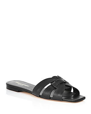 SAINT LAURENT WOMEN'S NU PIEDS LEATHER SLIDE SANDALS,571952BDA00