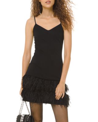 black dress with feather trim