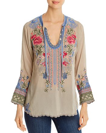Johnny Was Millie Embroidered Tie-Neck Blouse | Bloomingdale's