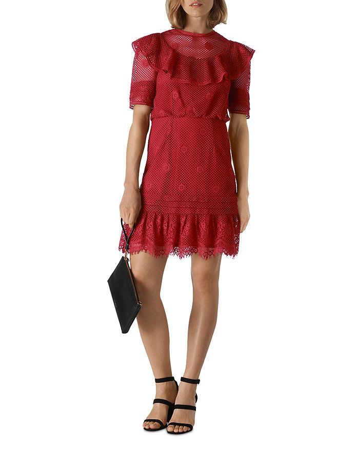 Shop Whistles Mariah Ruffled Lace Mini Dress In Red
