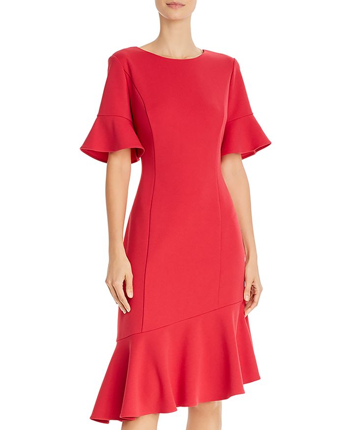 Adrianna Papell Ruffled Crepe Dress In Warm Cherry