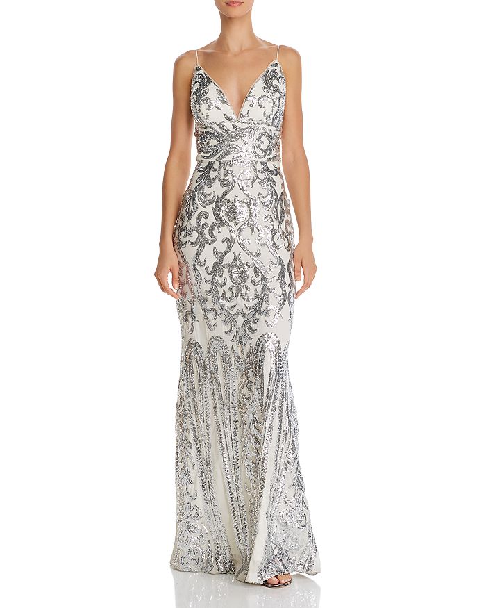 Aqua Plunging Sequined Gown - 100% Exclusive In White/silver