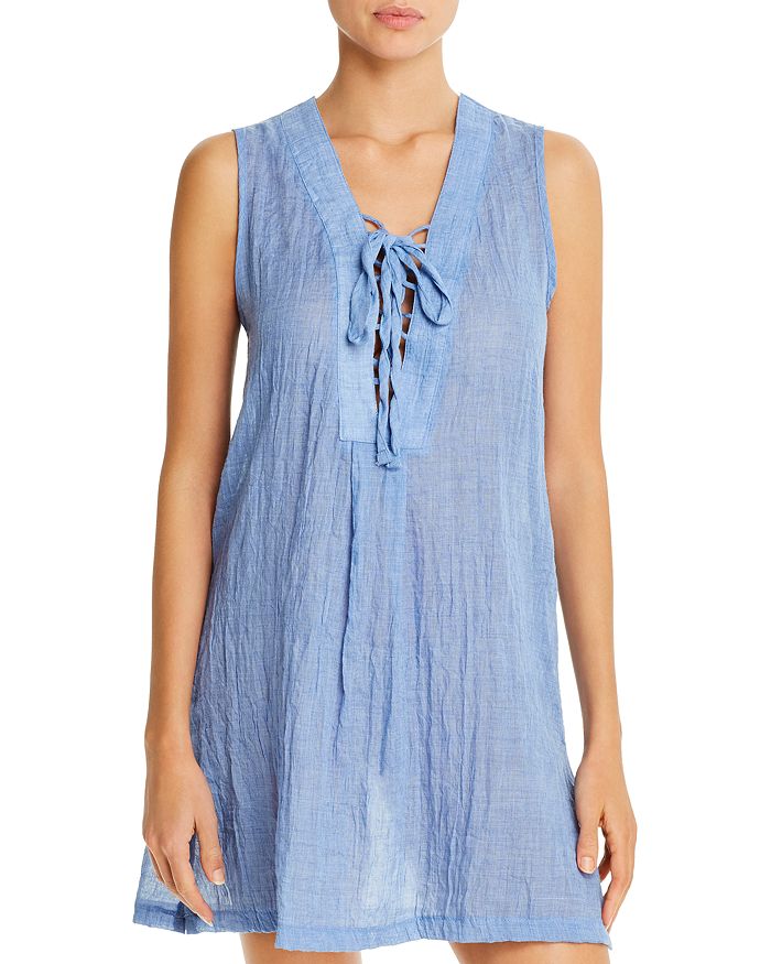 J Valdi Lace-up Tank Dress Swim Cover-up In Chambray