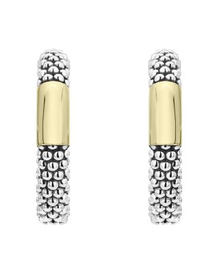 18K Yellow Gold & Sterling Silver Caviar High Bar Hoop Earrings 