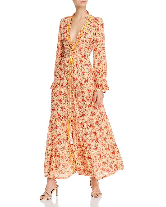 Poupette St Barth Floral Print Tiered Dress In Yellow Watercolor