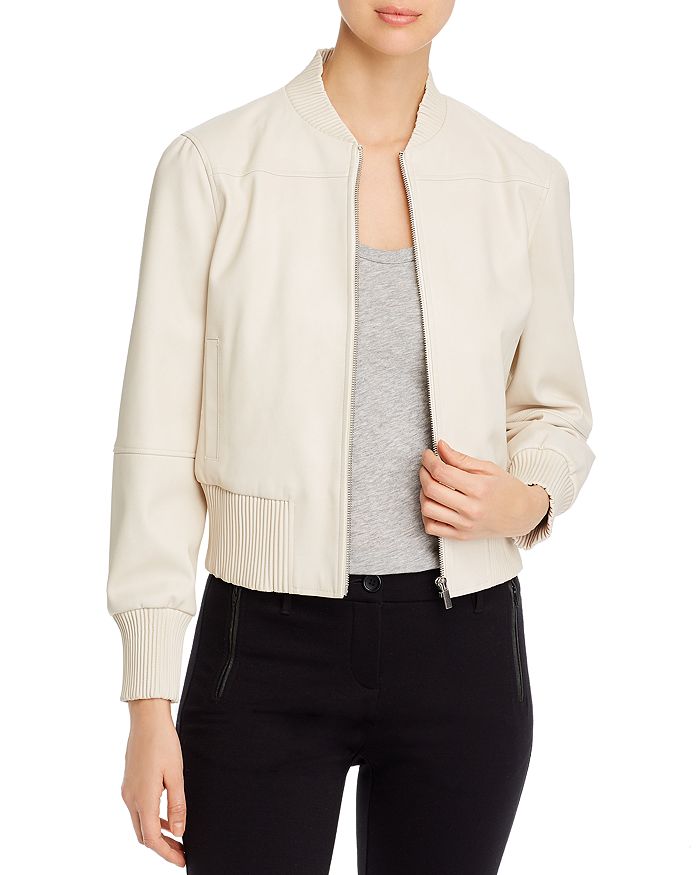 T Tahari Faux Leather Bomber Jacket In Cream