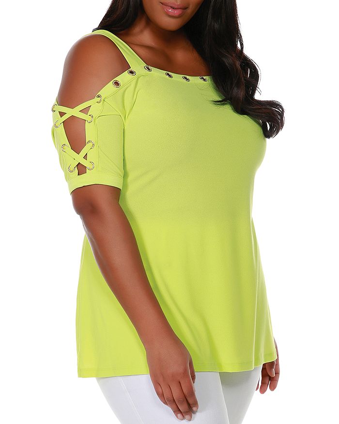 Belldini Plus Off-the-shoulder Grommet Detail Top In Key Lime/gold