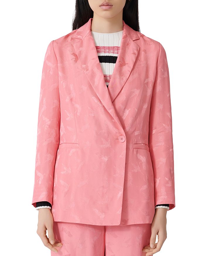 Maje Vala Bird Print Jacquard Button Blazer In Pink | ModeSens