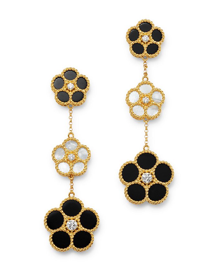 Roberto Coin Daisy Collection 18k Yellow Gold Black Onyx, Mother-of-pearl & Diamond Flower Drop Earrings - 100% E In White/black
