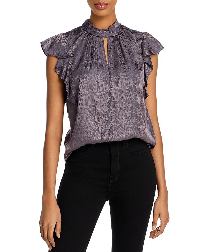 Rebecca Taylor La Chemise  Snake Print Ruffled-sleeve Top In Anthracite