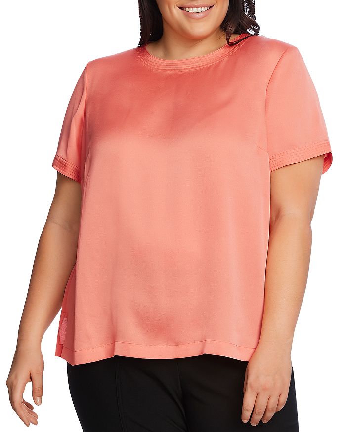 Vince Camuto Plus Rumple Hammer Satin Top In Bright Coral