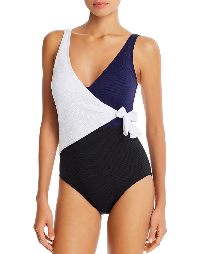 TOMMY BAHAMA COLOR-BLOCKED WRAP-FRONT ONE PIECE SWIMSUIT,SS300314