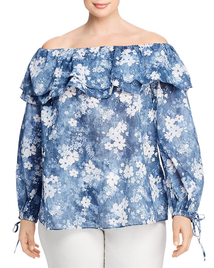 Michael Michael Kors Plus Bleached Floral Off-the-shoulder Top In Chambray