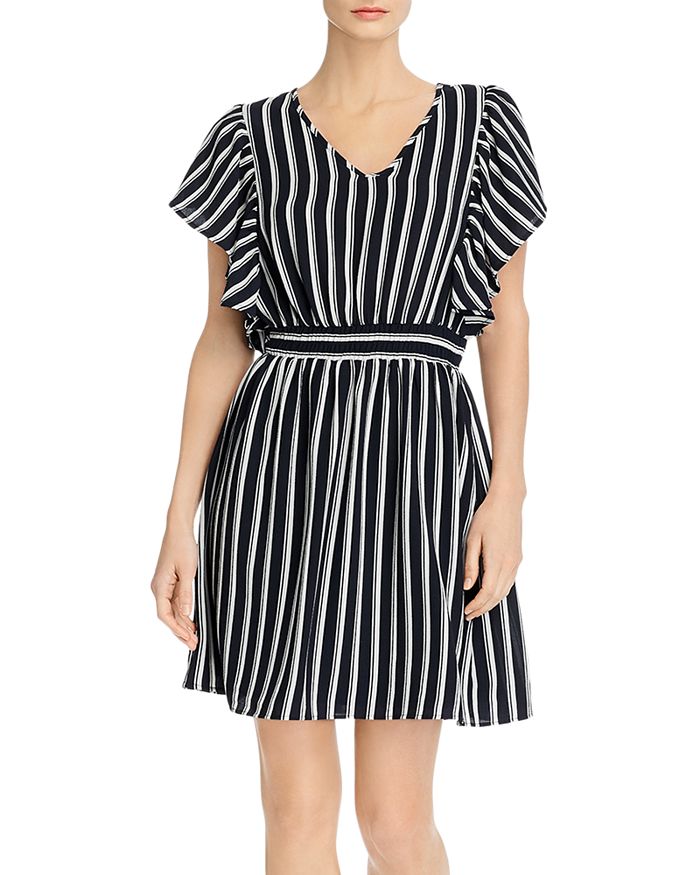 Vero Moda Sasha Frill-sleeve Dress In Navy Blazer Stripe