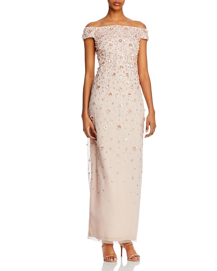 Adrianna Papell Beaded Off-the-shoulder Gown In Shell