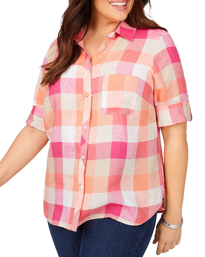 Foxcroft Plus Tamara Easy Care Linen Boardwalk Check Shirt In Cabana Pink