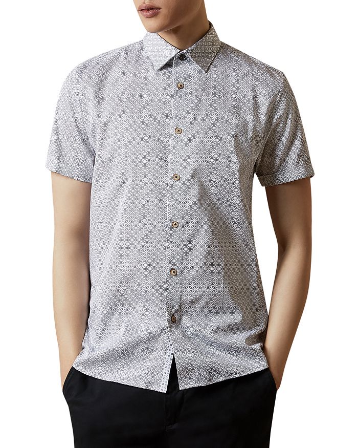 TED BAKER MMA NAMASTY GEO PRINT SLIM-FIT SHORT SLEEVE BUTTON DOWN SHIRT,241817