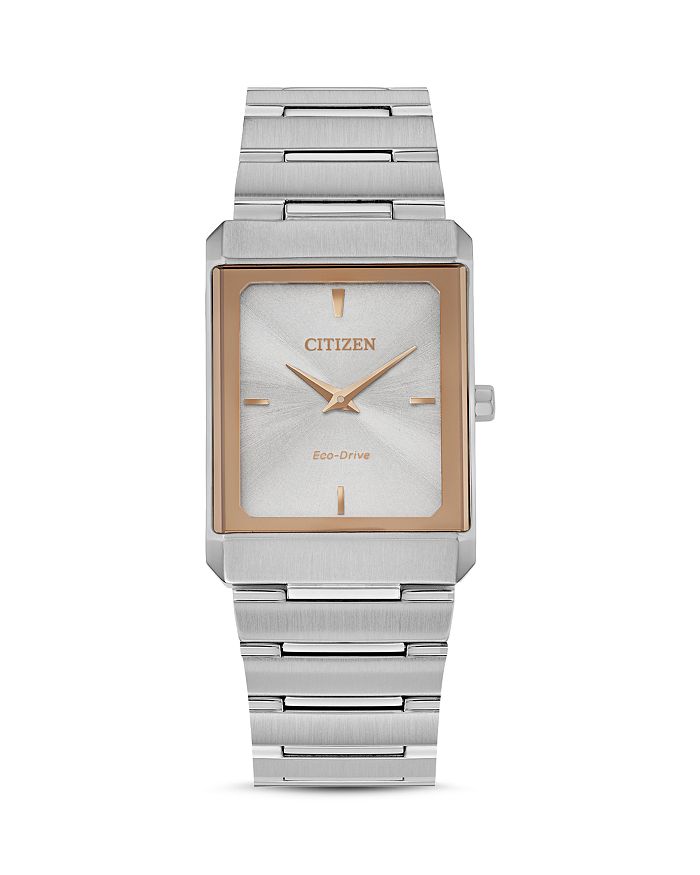 Citizen Eco-drive Unisex Stiletto Stainless Steel Bracelet Watch 25x35mm In Rose Gold/silver