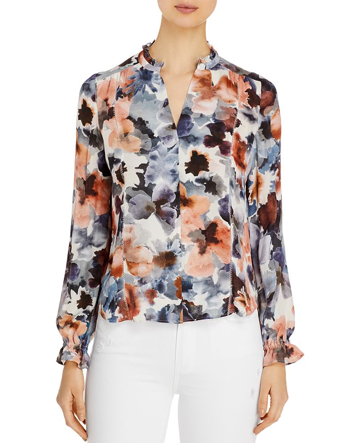 Go By Go Silk Ruffle Neck Floral Print Silk Blouse In Opaque Floral