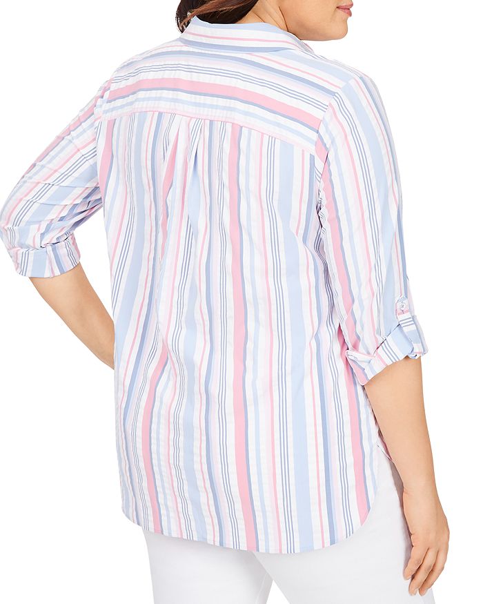 Shop Foxcroft Plus Millie Seersucker Striped Moisture Wicking Shirt With Upf In Multi