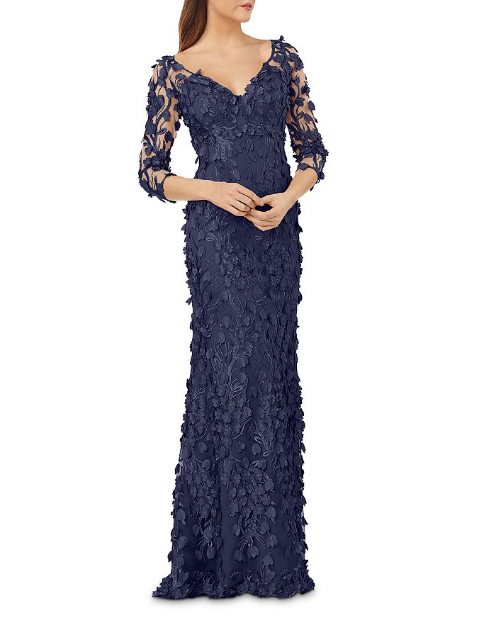 Carmen Marc Valvo Infusion Floral Applique Illusion Gown In Navy