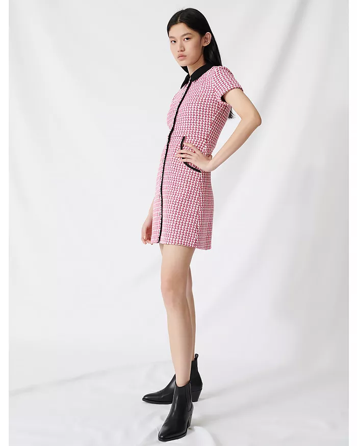 Houndstooth Tweed Button-Front Mini Dress

