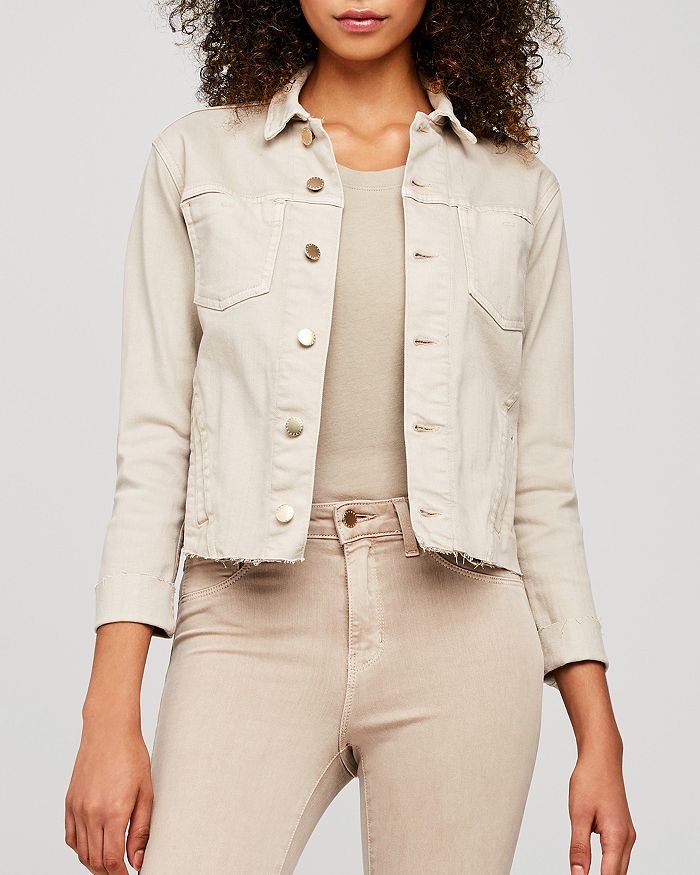 L Agence Janelle Cropped Frayed Stretch-denim Jacket In Biscuit