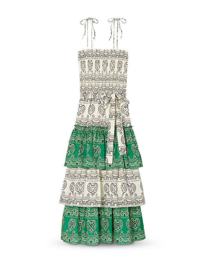 Shop Tory Burch Printed Tiered Ruffled Dress In Ivory / Green Americana  Bandana