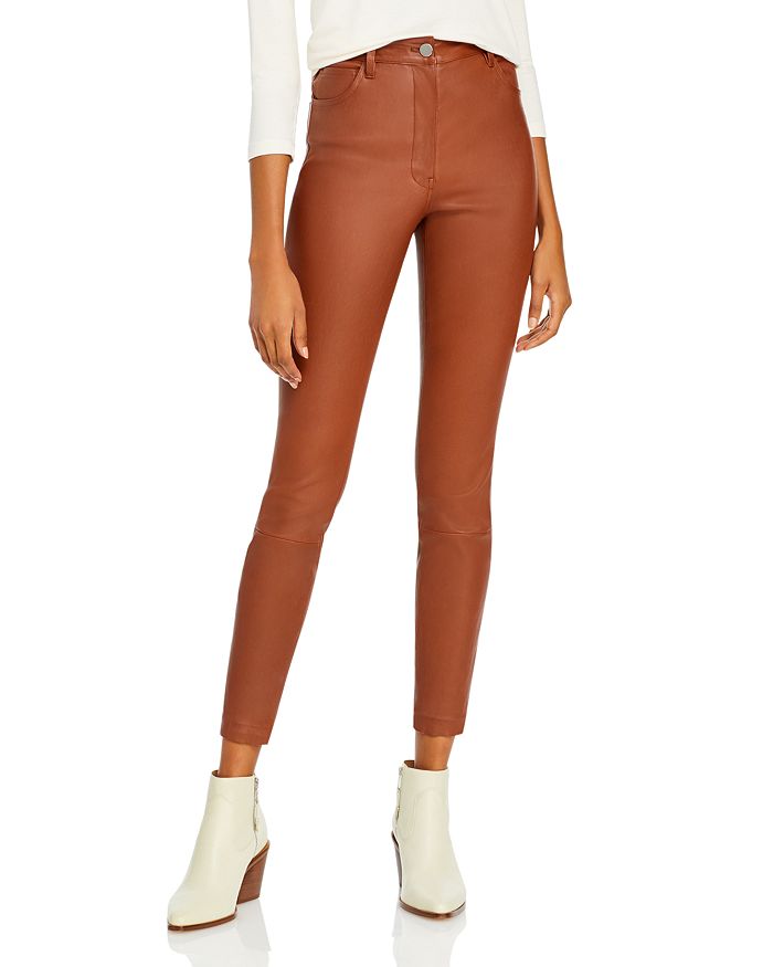 Theory Leather Skinny Trousers In Dark Cognac