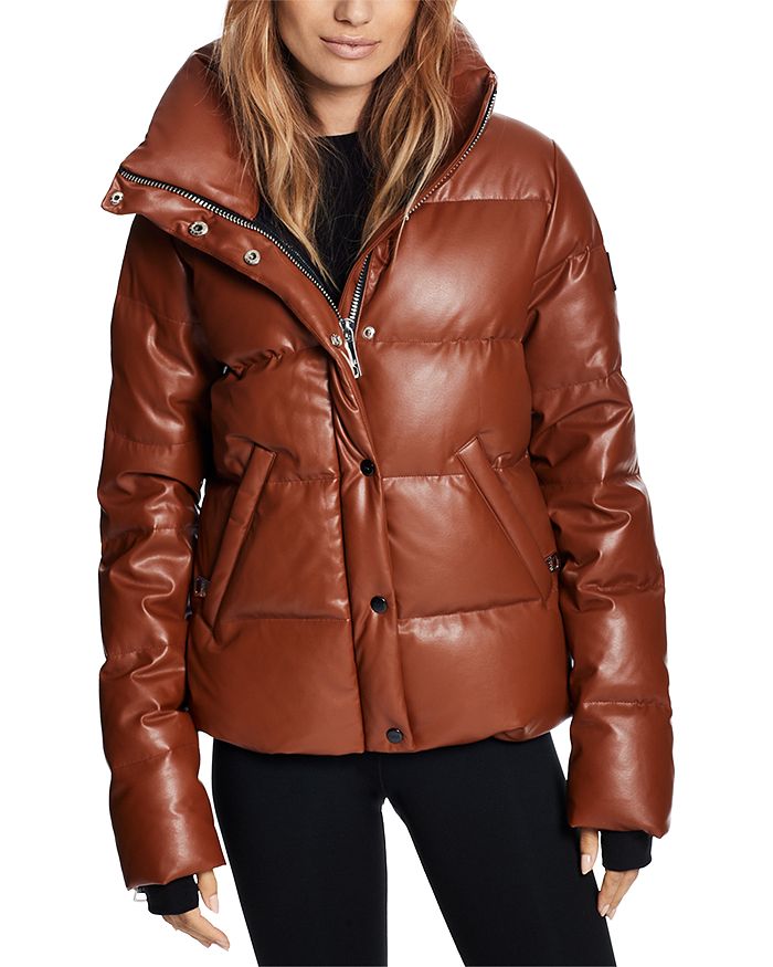 Sam Isabel Faux Leather Puffer Coat In Saddle