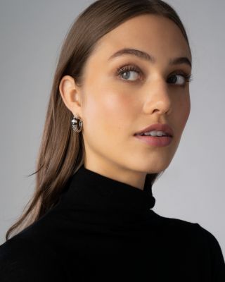 Sterling Silver Black Caviar Diamond & Black Ceramic Hoop Earrings