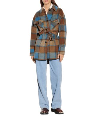 sandro long checked wool coat