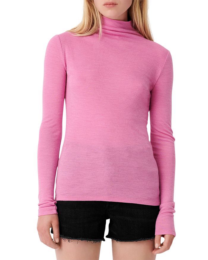 Maje Wool Blend Turtleneck Top In Pink