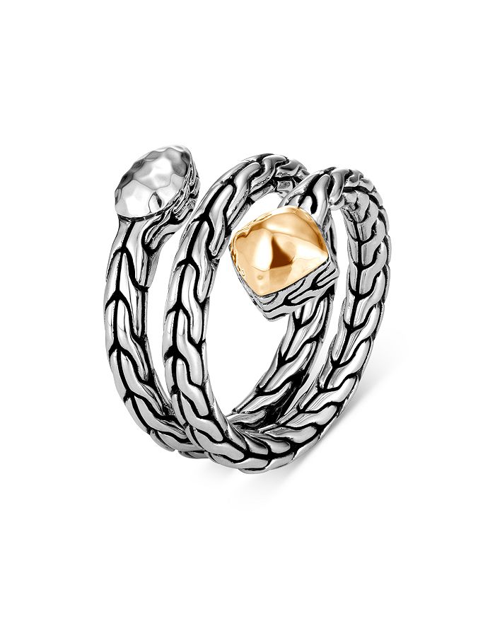 JOHN HARDY STERLING SILVER & 18K YELLOW GOLD CLASSIC CHAIN HAMMERED WRAP RING,RZ90522X7