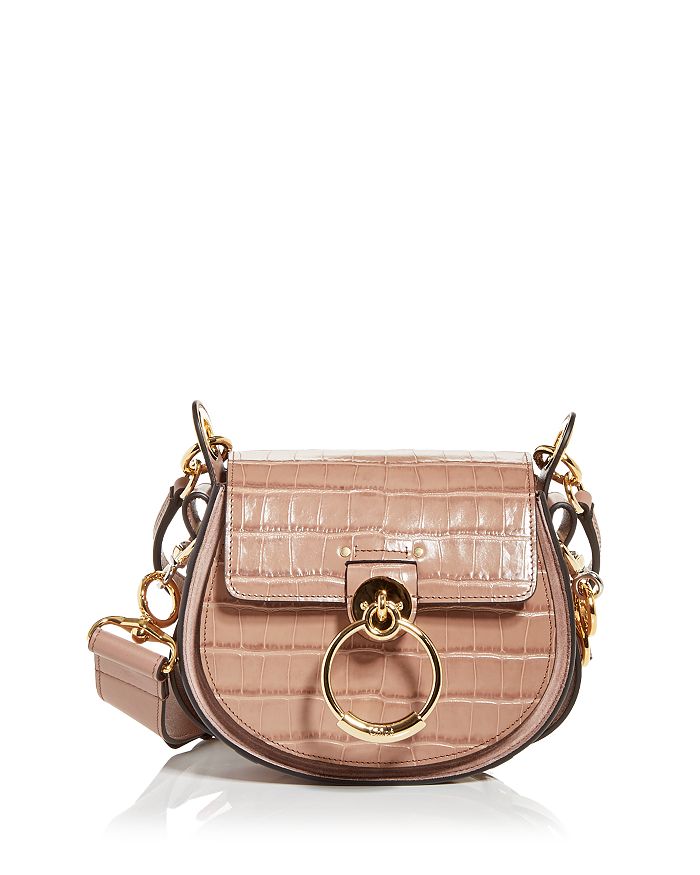 Chloé Tess Small Croc Embossed Leather Crossbody In Woodrose/gold