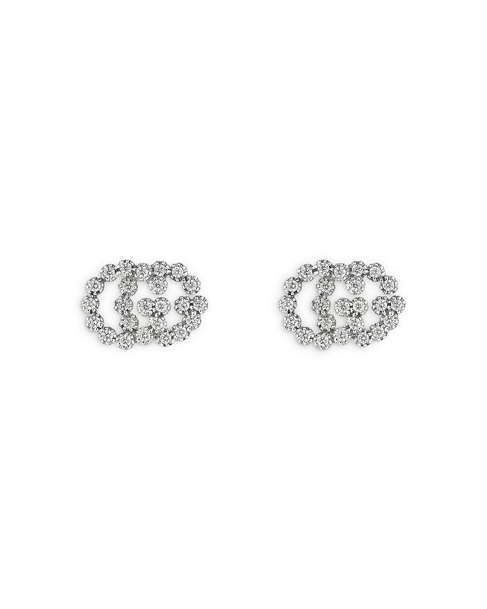 Gucci - 18K White Gold Running GG Diamond Stud Earrings