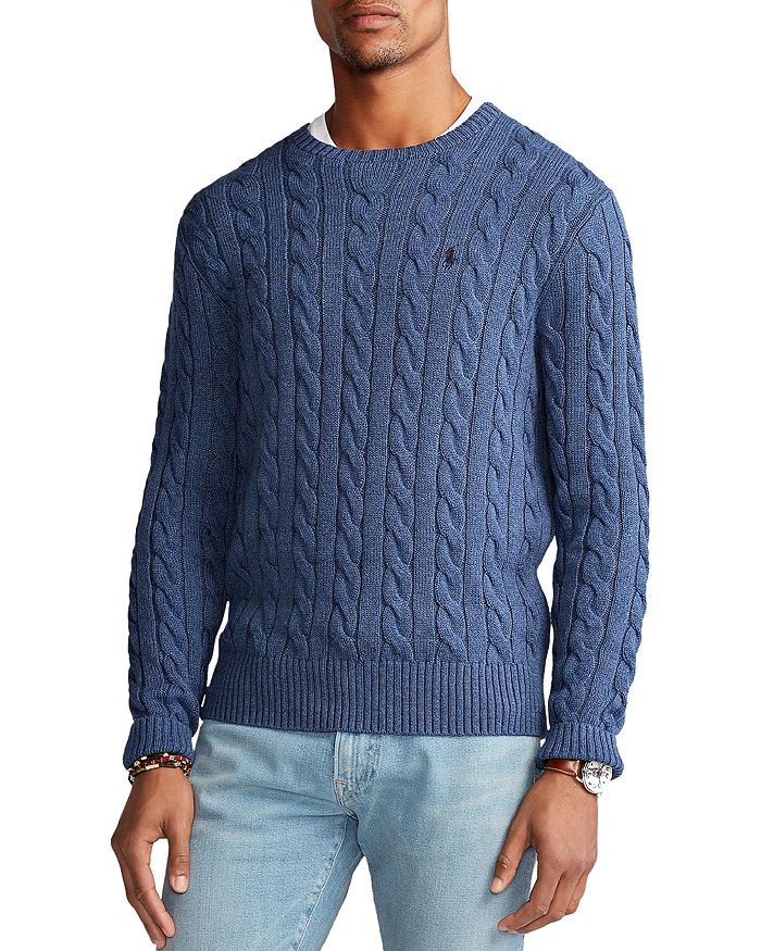 Cotton cable knit jumper with crew neck, royal blue, Polo Ralph