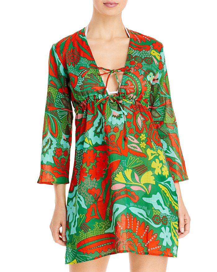 Echo Hypnotic Floral Poolside Tunic Dress In Leaf Green