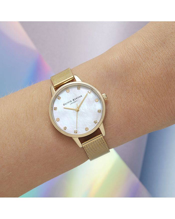 Olivia Burton Screw Detail Mesh Strap Watch, 30mm In White Mother Of Pearl