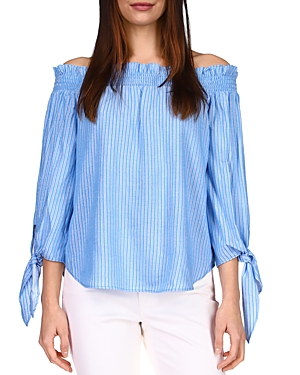 Michael Michael Kors Metallic Striped Off The Shoulder Top In Midnight Blue