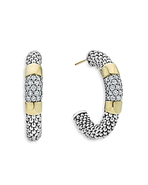 Lagos Sterling Silver & 18K Gold High Bar Diamond Huggie Hoop Earrings