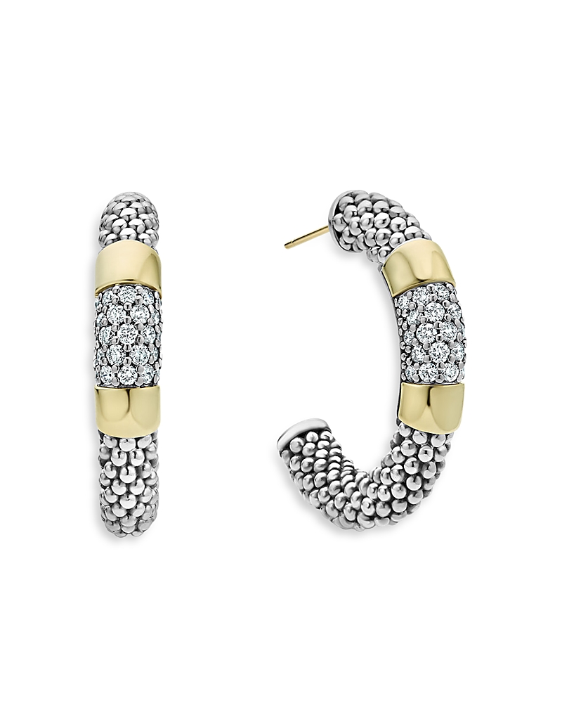 Lagos Diamond Hoop Earrings With Smooth 18k Gold And Classic Sterling Silver Caviar Beading In Silver/gold