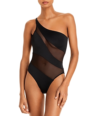 Shop Norma Kamali Illusion Mesh One Shoulder One Piece Swimsuit In Black/black Mesh