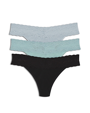 Natori Bliss Perfection Thongs, Set Of 3 In Silver Lining/aqua/black