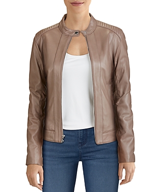 Cole Haan Leather Zip Jacket In Taupe
