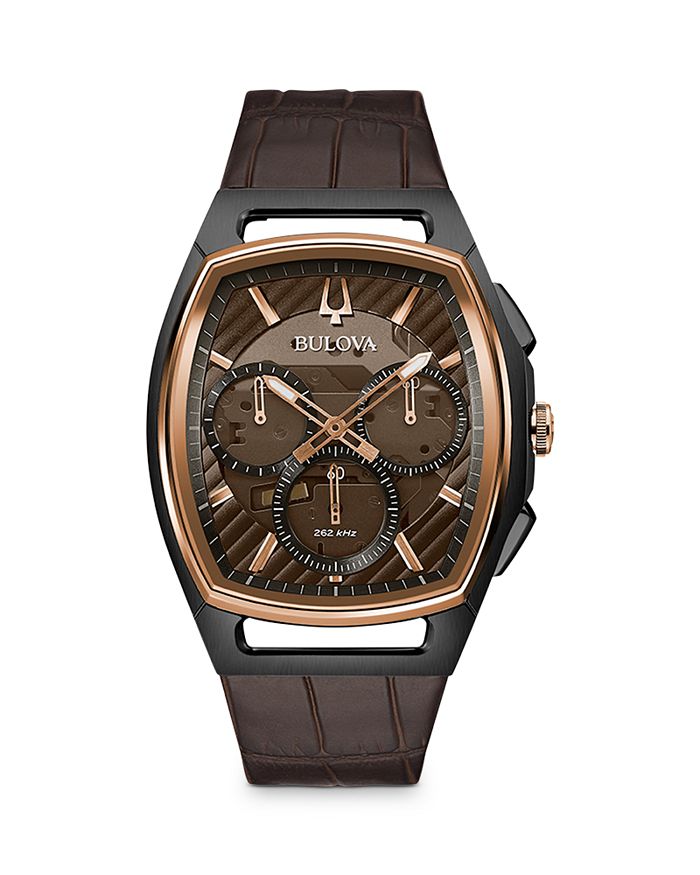 Men's Chronograph Curv Brown Leather Strap Watch 41.7mm