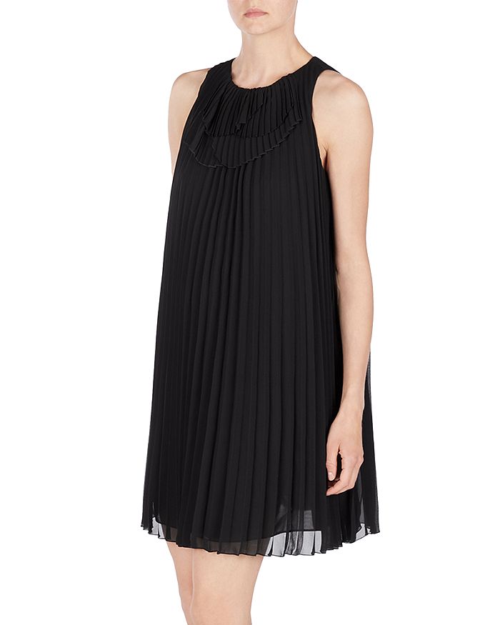 Shop Armani Collezioni Pleated Dress In Solid Black